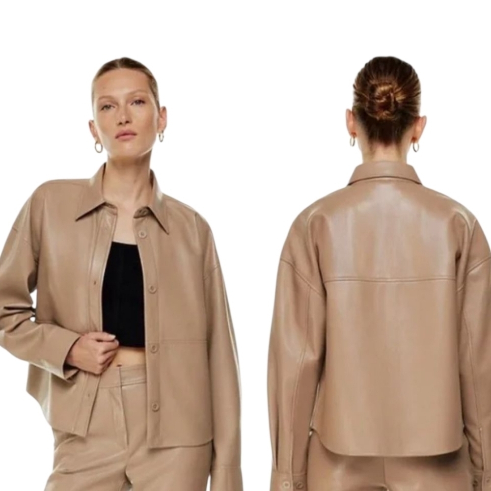 Aritzia Babaton Pelli Hip Shirt Jacket Vegan Leather Camel Tan Button Front M